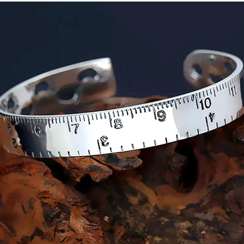 Sterling Silver Ruler Design Bangle Cuff Bracelet Matching Ring Set